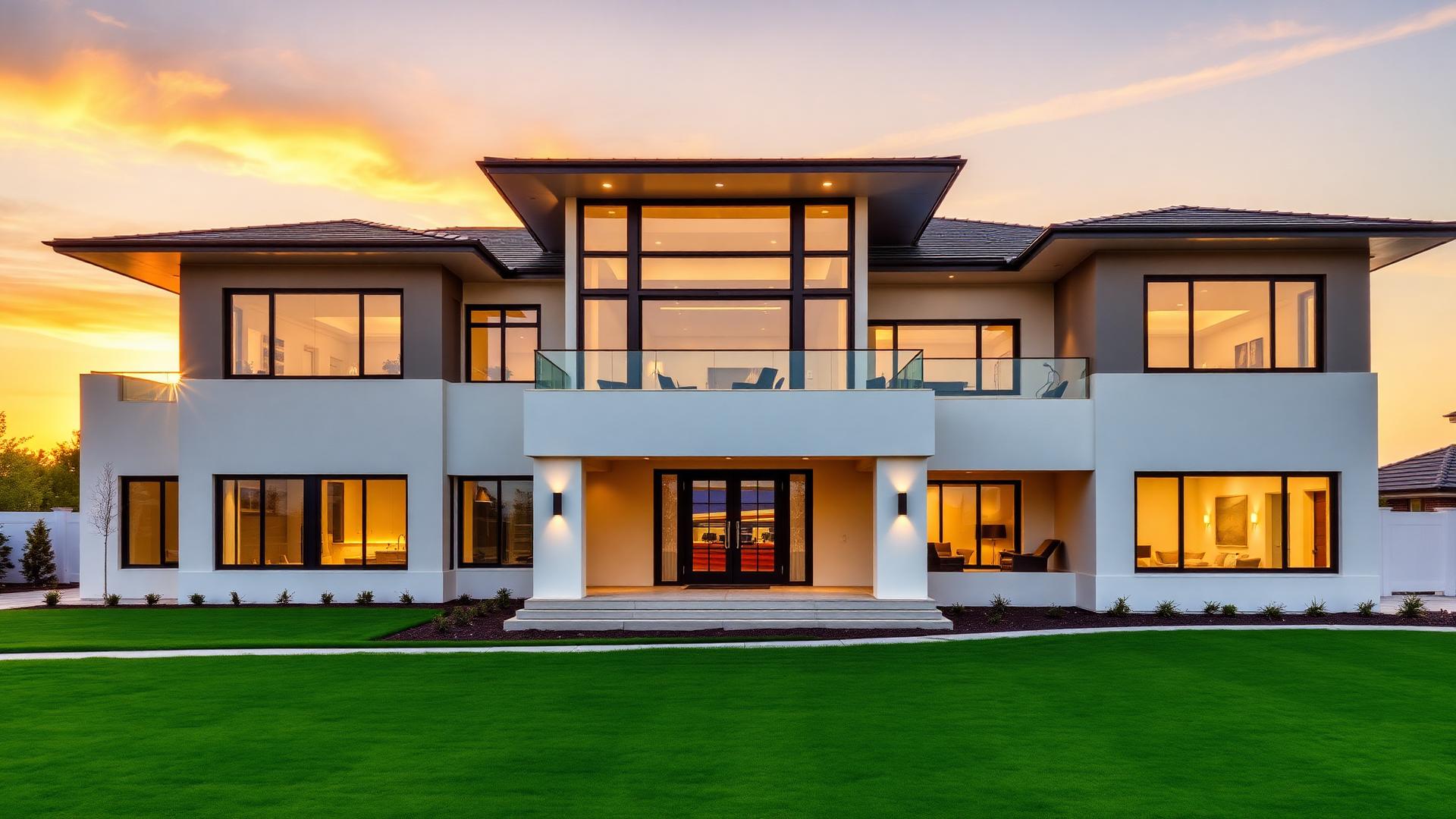 Modern luxury house exterior at golden hour